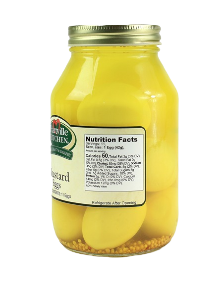 Glass jar of mustard pickled eggs with visible mustard seeds from Hartville Kitchen preserved goods collection
