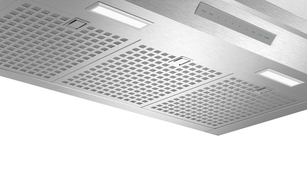 Under-cabinet stainless steel insert range hood with perforated filters and LED lighting in Range Hoods and Appliances collections