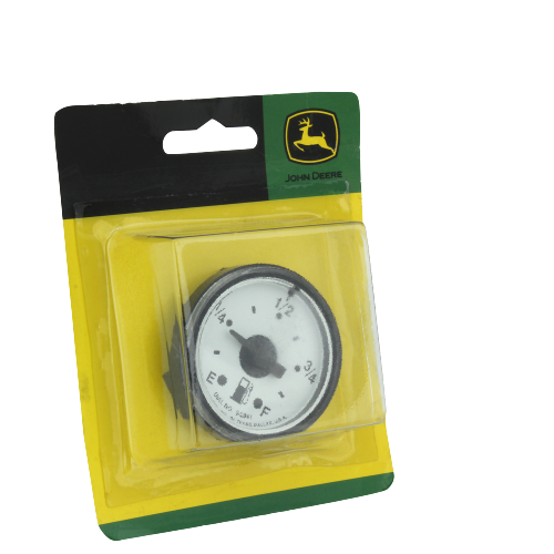 Round fuel gauge with white dial and black trim in John Deere branded yellow and green packaging under $50 automotive parts