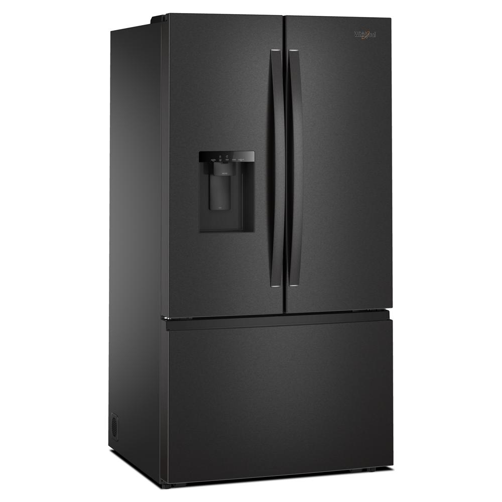 36-inch black finish French door refrigerator with in-door water dispenser and spacious bottom freezer in appliances collection