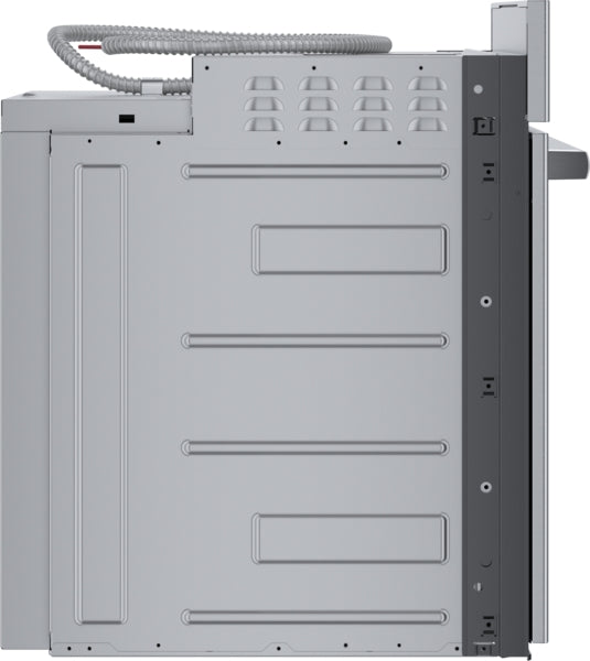 Side view of stainless steel built-in single wall oven showing venting and installation features for kitchen appliances collection