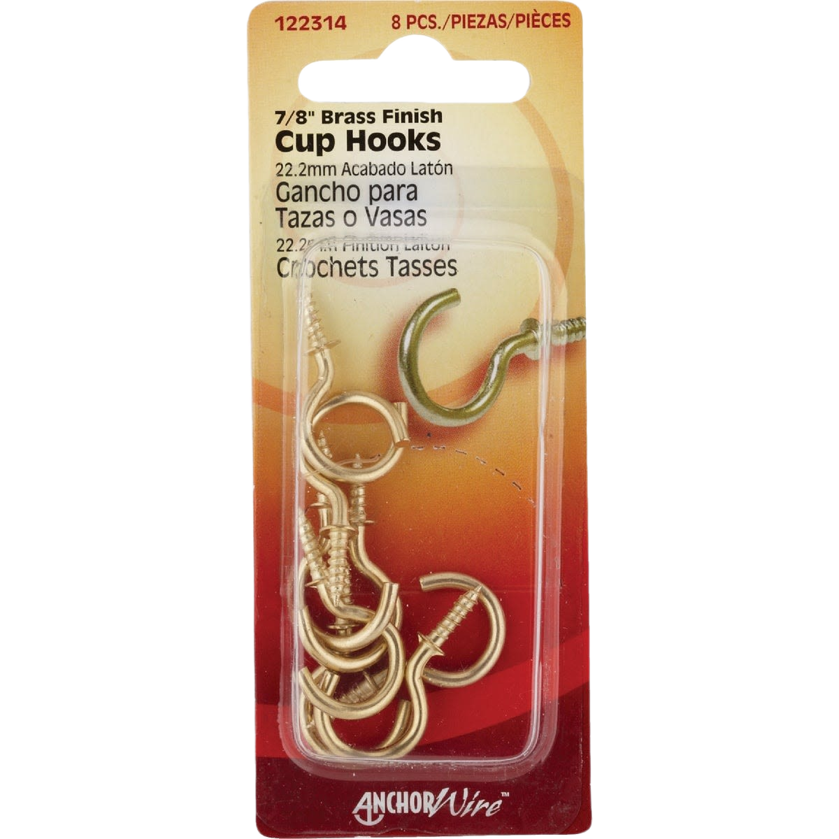 Brass finish cup hooks with threaded ends for hanging cups and home improvement projects, pack of eight