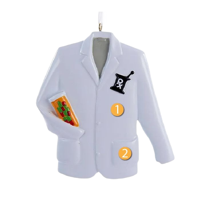 White pharmacist coat Christmas ornament with prescription pill bottle and mortar and pestle detail for holiday decor collections