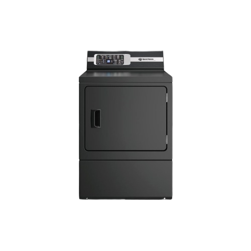 Front view of a black gas dryer with digital control panel for laundry and home appliances collections