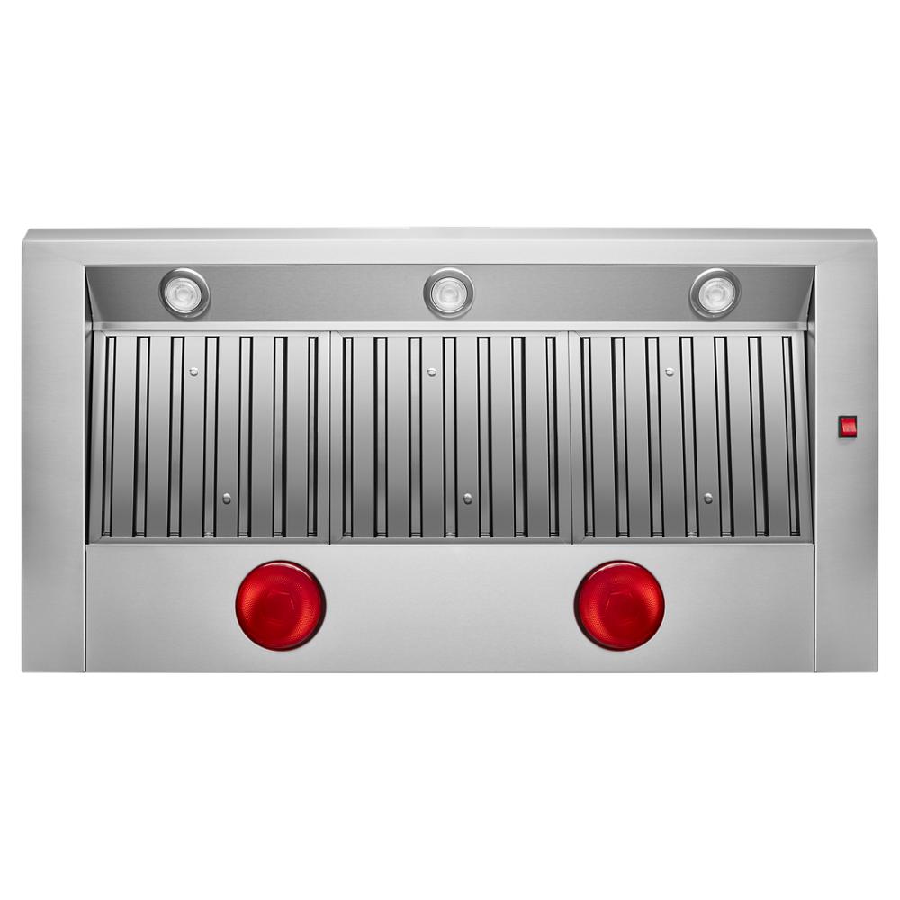 stainless steel commercial-style wall-mount canopy range hood with LED lights and vent filters for kitchen ventilation
