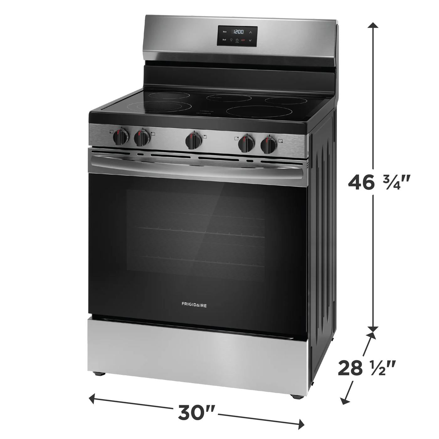 Stainless steel 30" electric range with five burner cooktop, digital control panel, and large oven window for kitchen appliances.