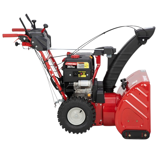 Red three-stage snow blower with large rugged tires and adjustable chute for efficient snow clearing tasks