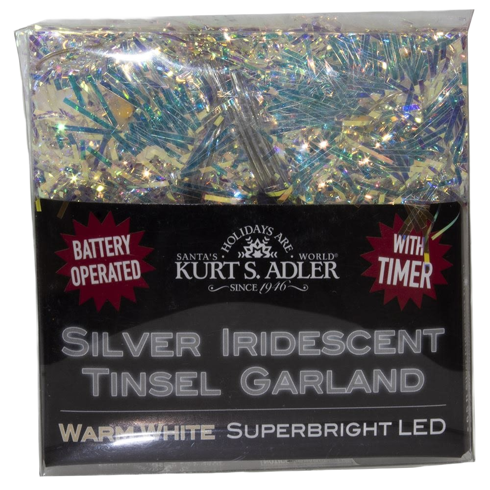 Silver iridescent tinsel garland with warm white LED lights, battery operated with timer, Christmas decoration under $50