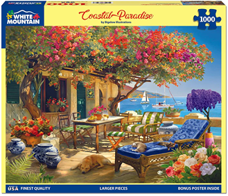 Colorful 1000-piece coastal puzzle featuring a Mediterranean patio scene with flowers, sailboats, and relaxing animals from Toys & Games