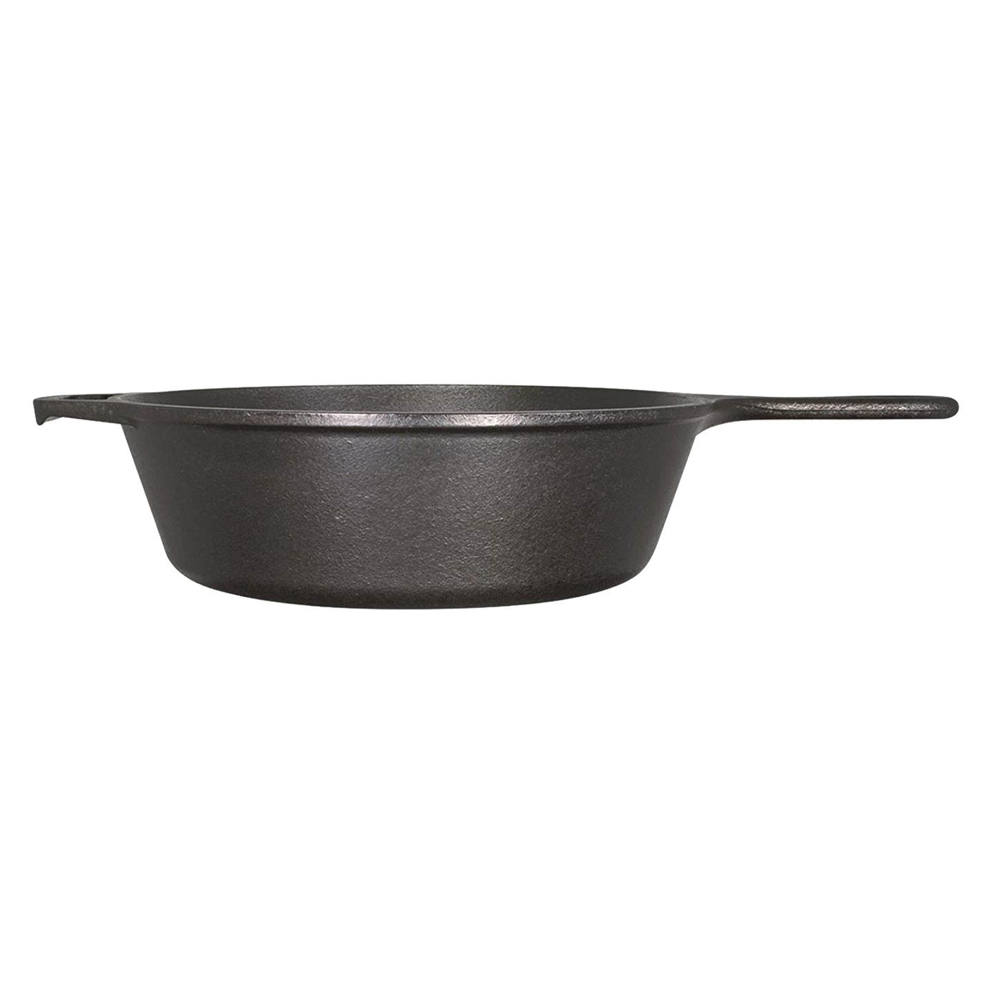 Black cast iron deep skillet with extended sides and long handle for multi-use cooking in Kitchenware collections under $100