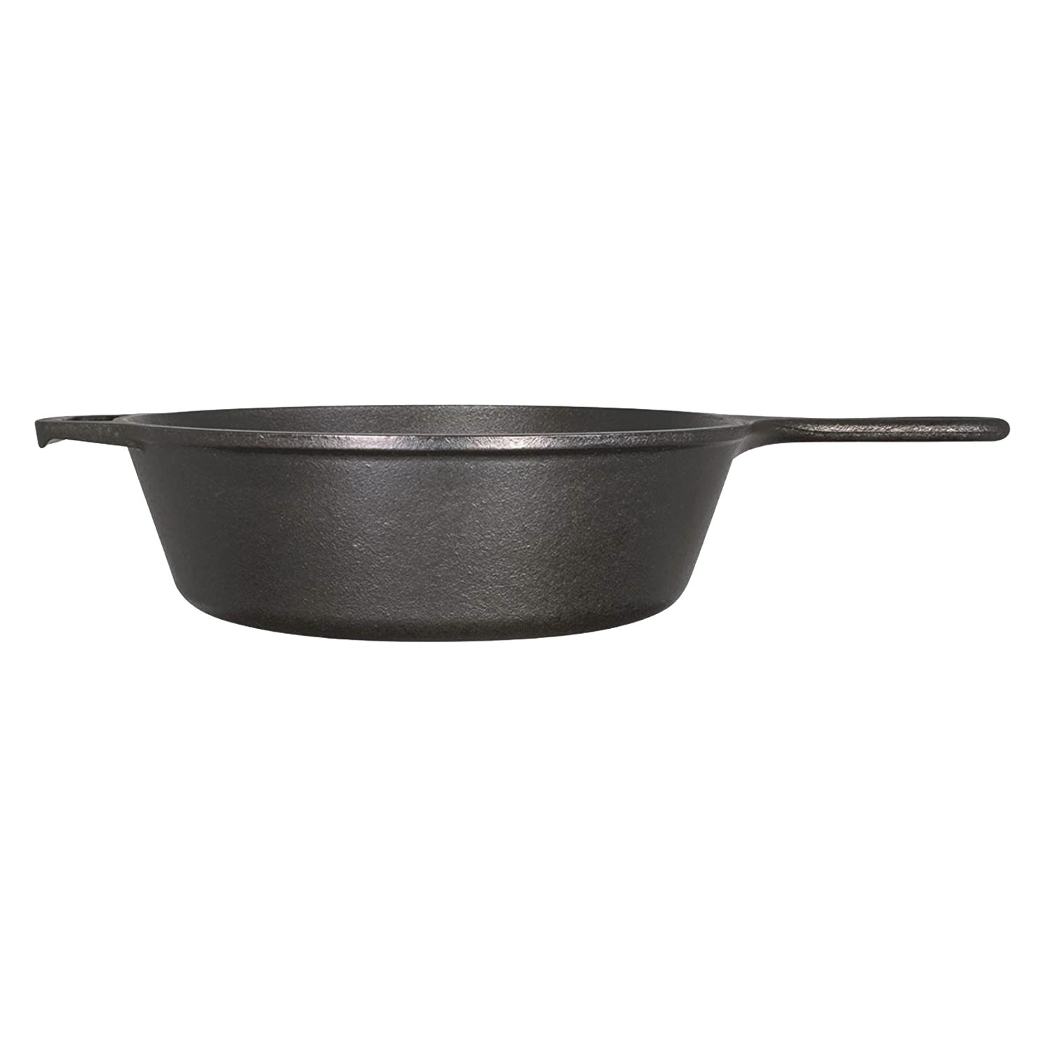 Black cast iron deep skillet with extended sides and long handle for multi-use cooking in Kitchenware collections under $100