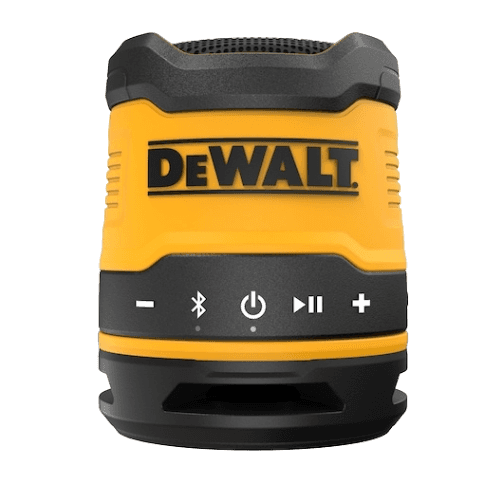Compact yellow and black portable Bluetooth speaker with control buttons designed for tools and home improvement use