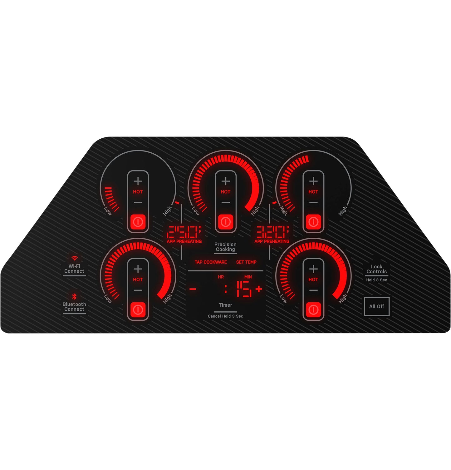 Black glass induction cooktop with five touch controls and red digital displays in induction cooktops collection