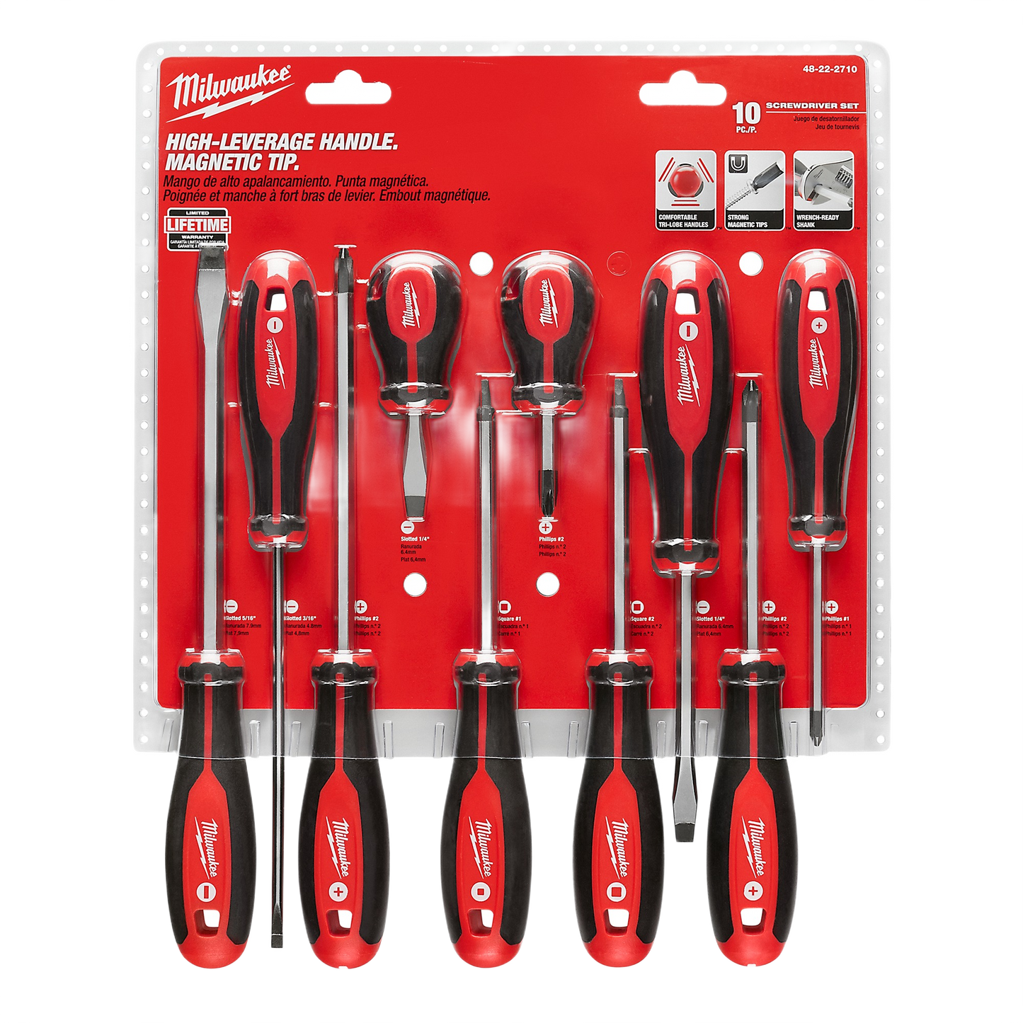 Ten-piece Milwaukee screwdriver set with magnetic tips and high-leverage handles for home improvement tasks
