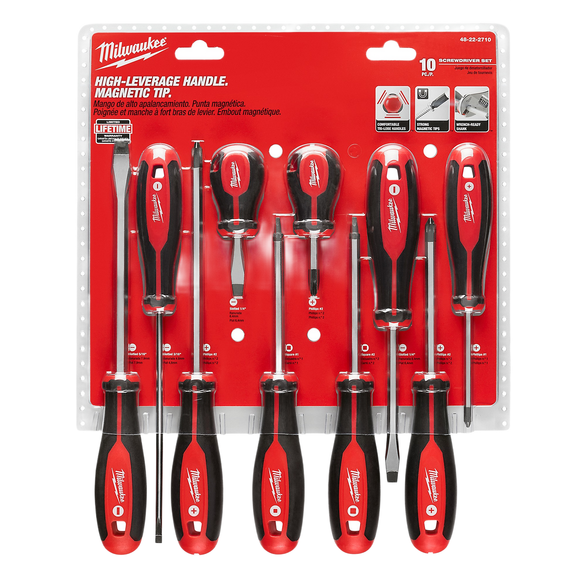 Ten-piece Milwaukee screwdriver set with magnetic tips and high-leverage handles for home improvement tasks