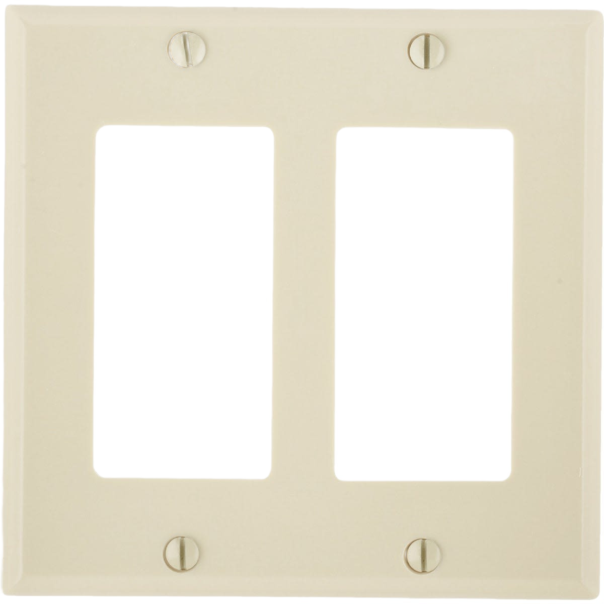 Ivory smooth plastic 2-gang decorator wall plate with four mounting screws for home improvement projects