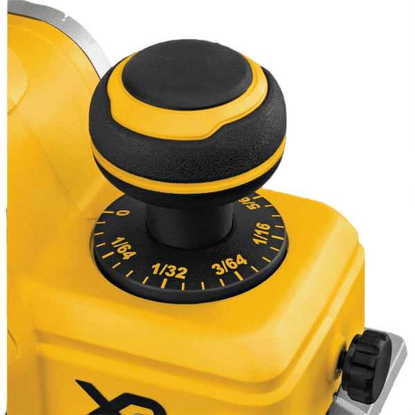 Close-up of black and yellow depth adjustment knob on a cordless brushless planer for precision woodworking tools and home improvement