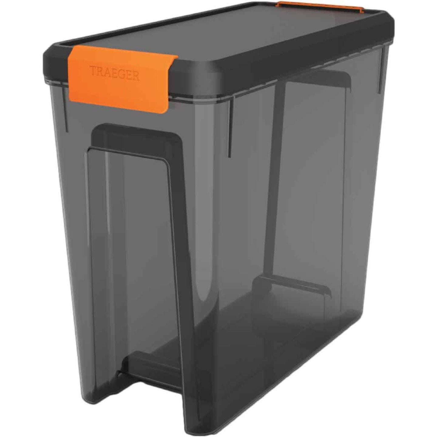 Translucent dark gray pellet bin with solid black lid and orange latch for tools and home improvement storage