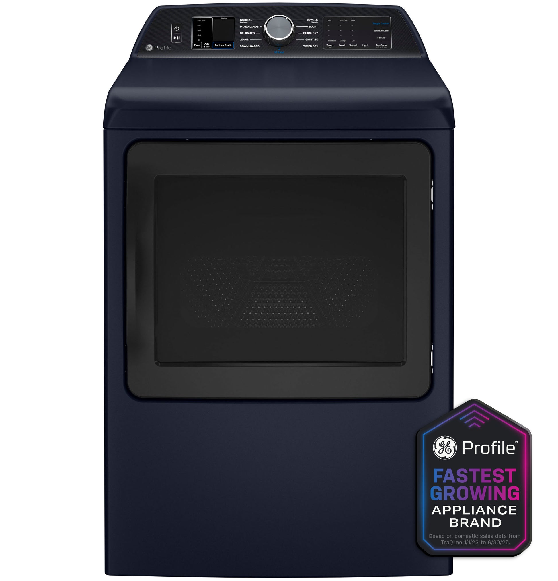 Dark blue large capacity gas dryer with smart controls and front window in Dryers and Appliances collections