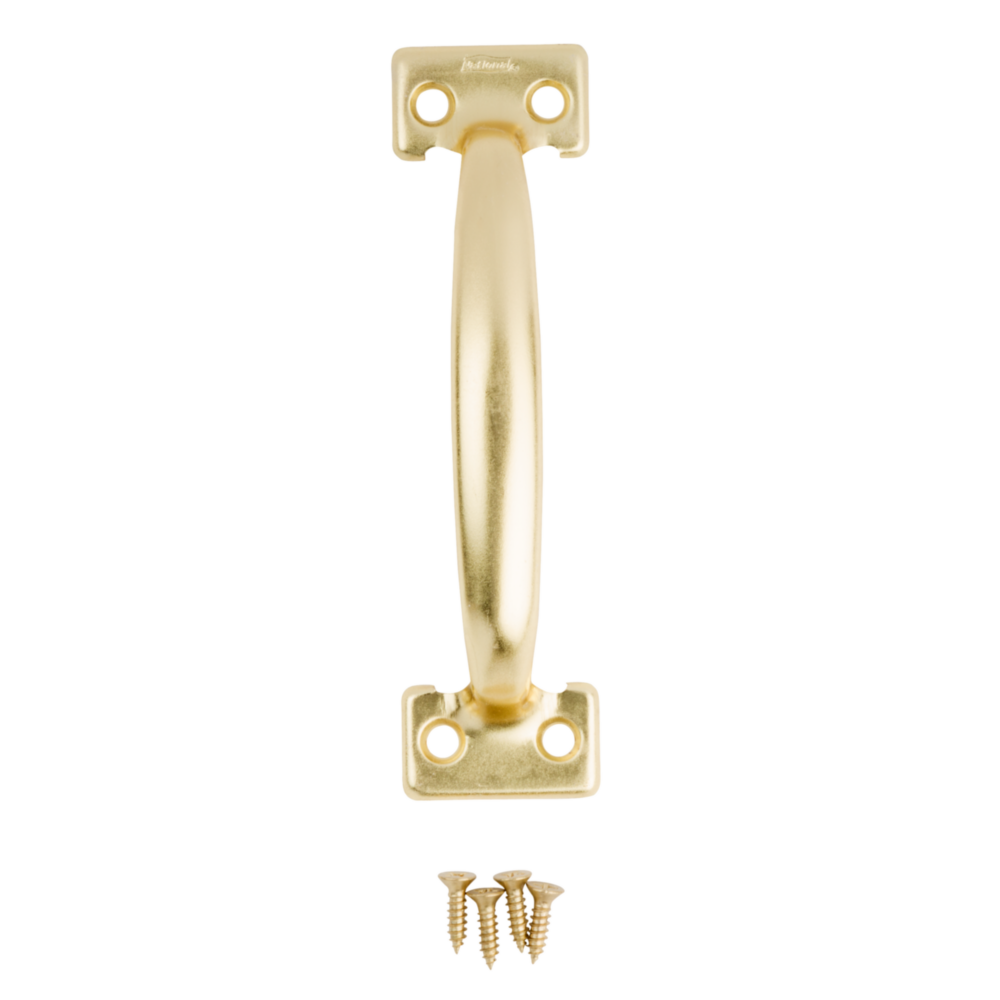 Brass utility door pull with mounting holes and included screws for cabinet and furniture hardware in home improvement collections