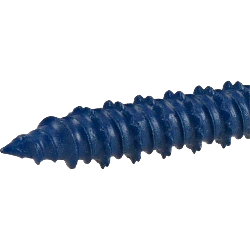 Close-up of blue coated washer screw tip with sharp threading for secure fastening in tools and home improvement projects
