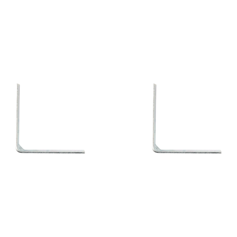 Two zinc-plated steel corner braces for reinforcing right angle joints in building hardware and lumber materials collections