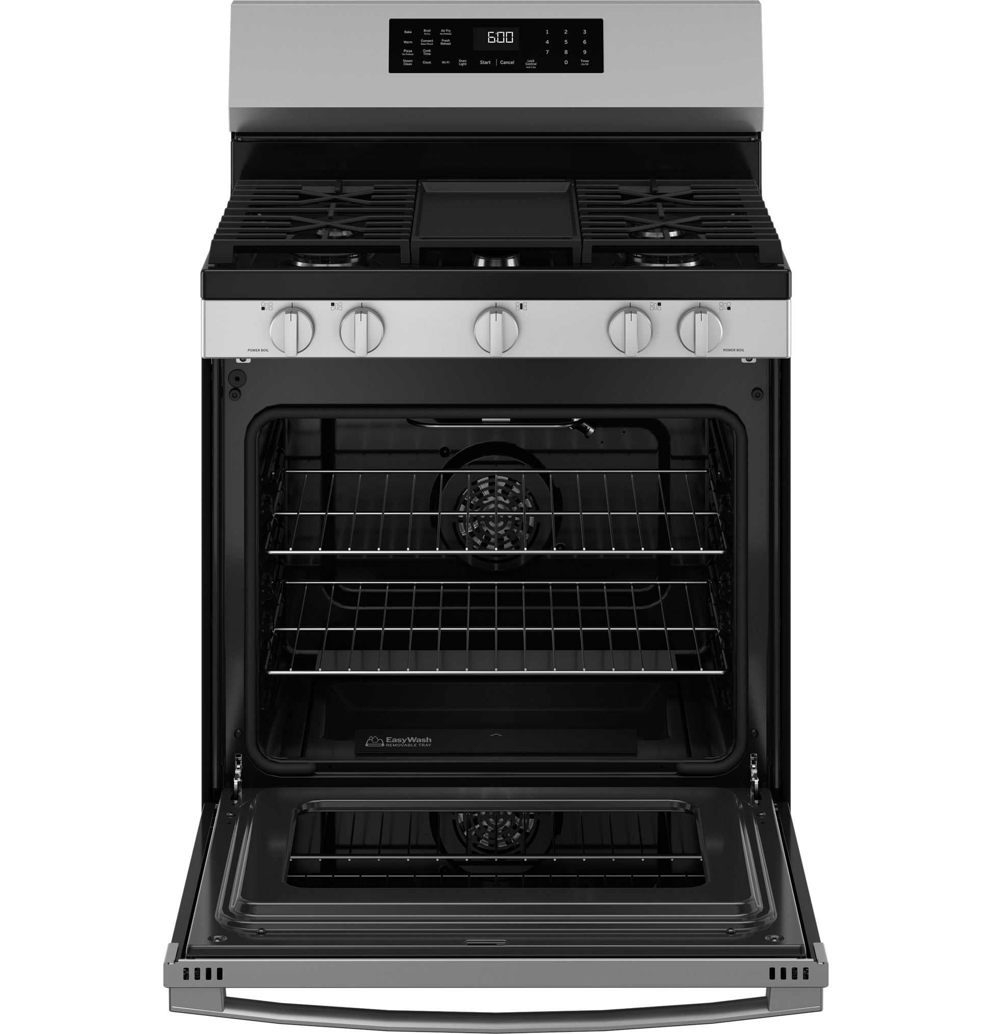 Stainless steel gas convection range with open oven door, five burners, control knobs, and digital display in Appliances collection