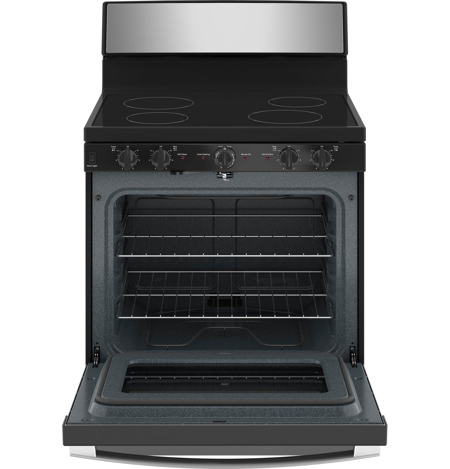 Open front view of black and stainless steel electric radiant cooktop range with oven interior and racks visible
