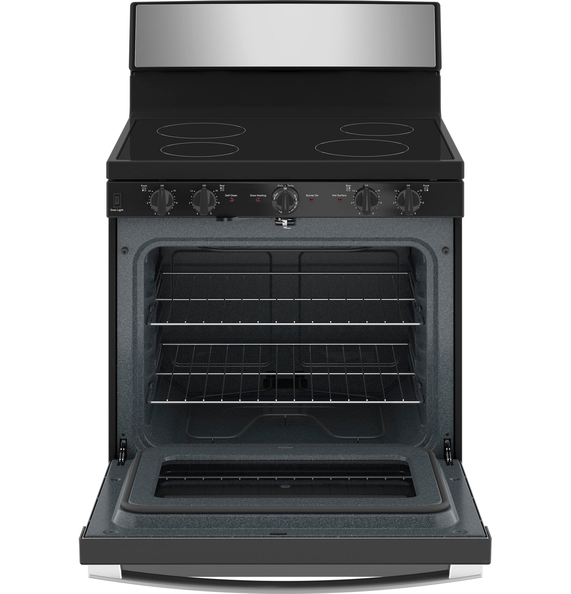 Open front view of black and stainless steel electric radiant cooktop range with oven interior and racks visible