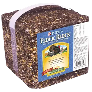 Square compressed feed block with Purina label for poultry nutrition in farm and home improvement use