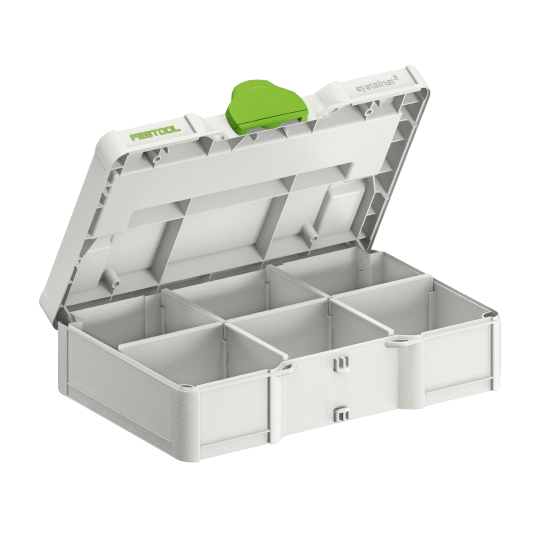 Compact light gray storage box with green latch and multiple compartments for tool organization in workshop settings