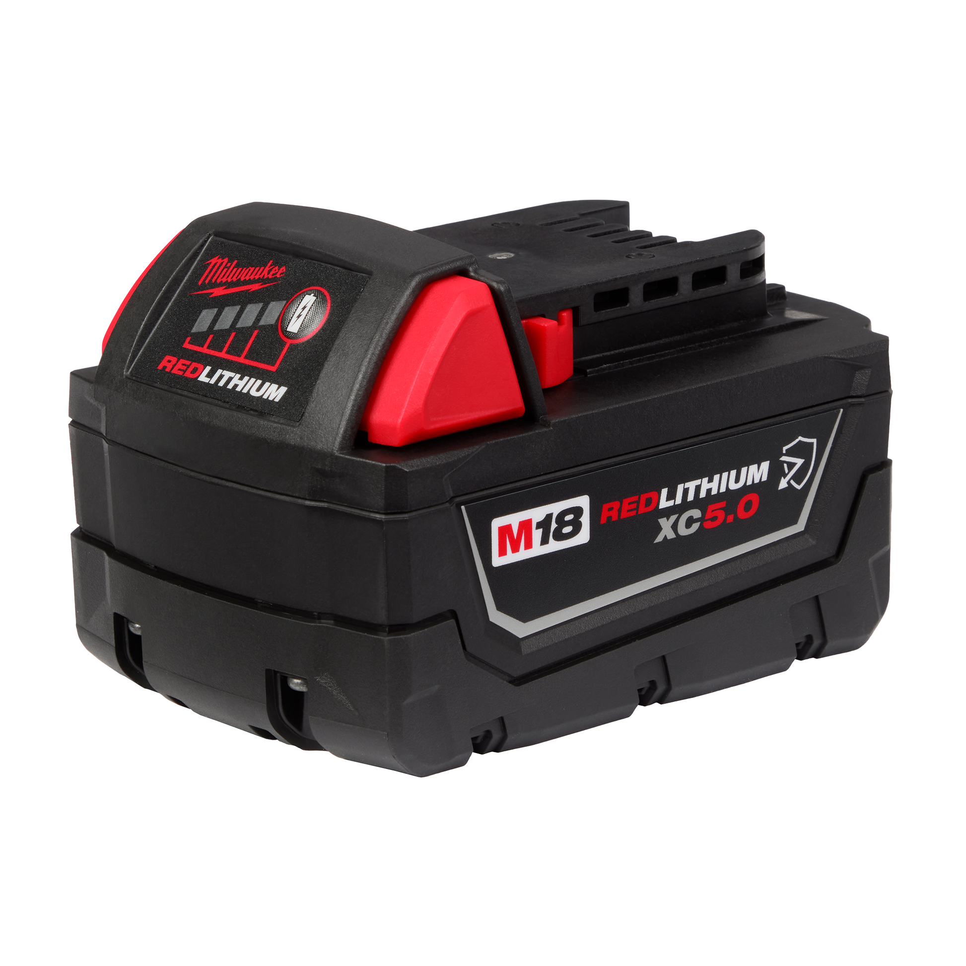 Compact black and red rechargeable high-capacity battery pack for power tools and home improvement use