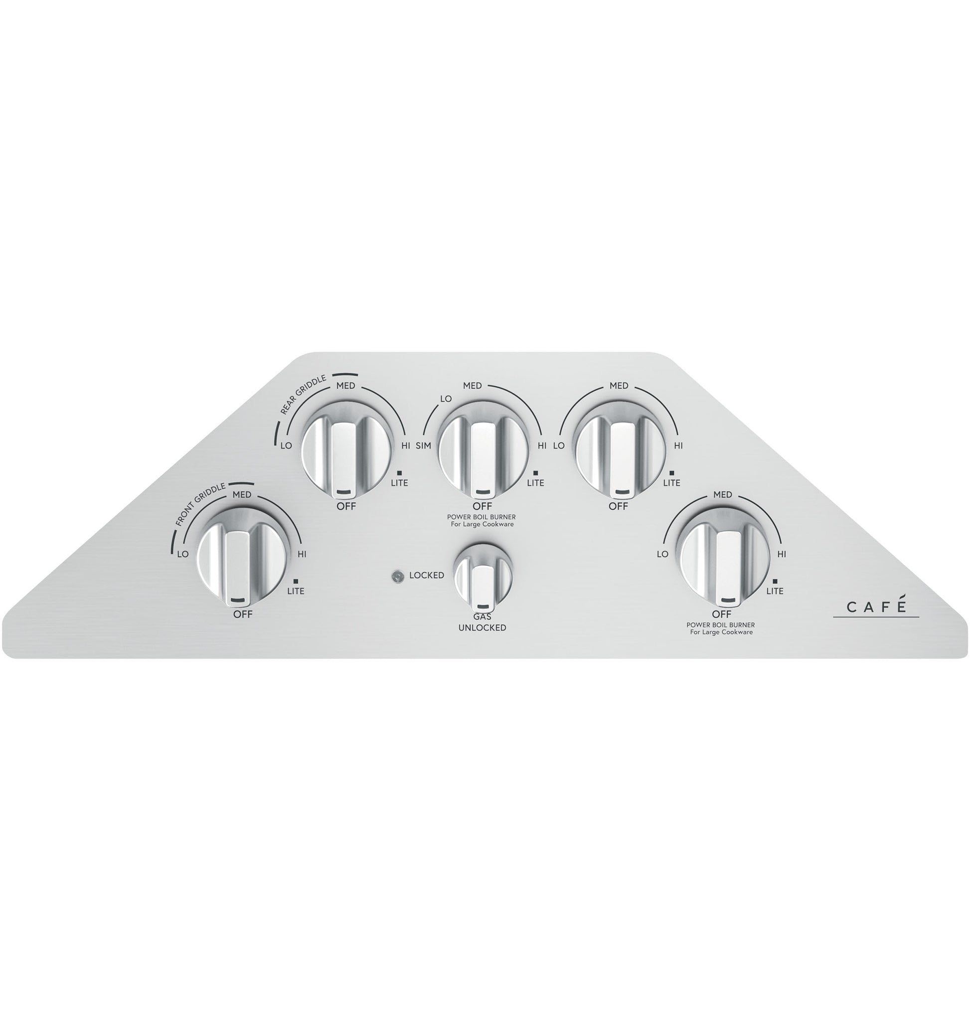 Stainless steel cooktop control panel with five knobs and safety lock switch from kitchen and cooktops appliance collection