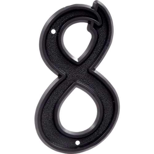 Matte black plastic house number 8 with textured surface and mounting holes for home improvement and signage uses