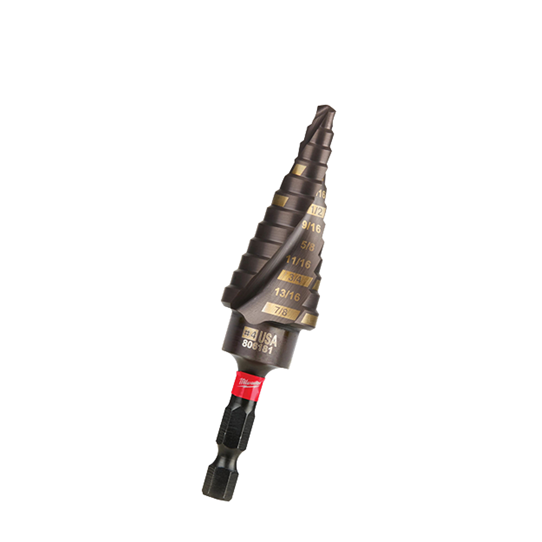 Step drill bit with black finish and red collar for impact drivers, designed for precise hole drilling in tool accessories.