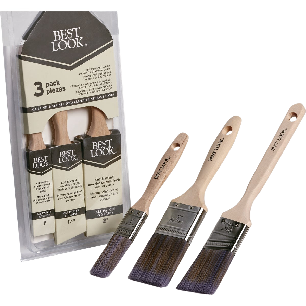 Set of three polyester paint brushes with wooden handles and stainless steel ferrules for home improvement projects