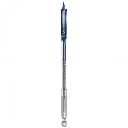 Blue 5/16 inch spade bit with pointed tip and hex shank for efficient wood drilling in home improvement projects