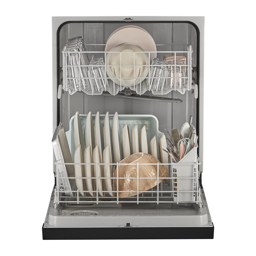 Open dishwasher filled with organized plates, bowls, and utensils in a modern kitchen appliance setting