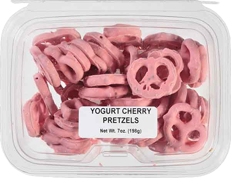 Clear plastic container of cherry-flavored yogurt-coated pretzels from Chips & Snacks and Food & Beverage collections