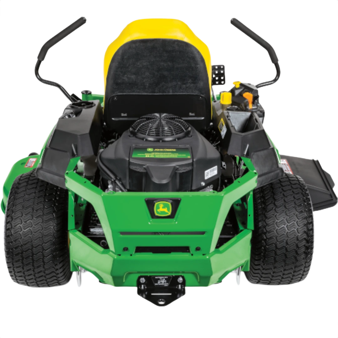 Rear view of green and yellow riding mower with heavy-duty deck and ergonomic seat for lawn care tasks