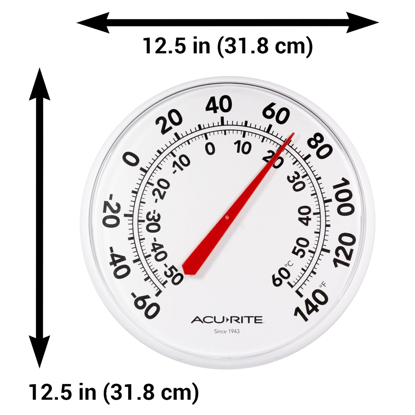 White outdoor thermometer with dual Fahrenheit and Celsius scales and red pointer in weather stations and outdoor living collections