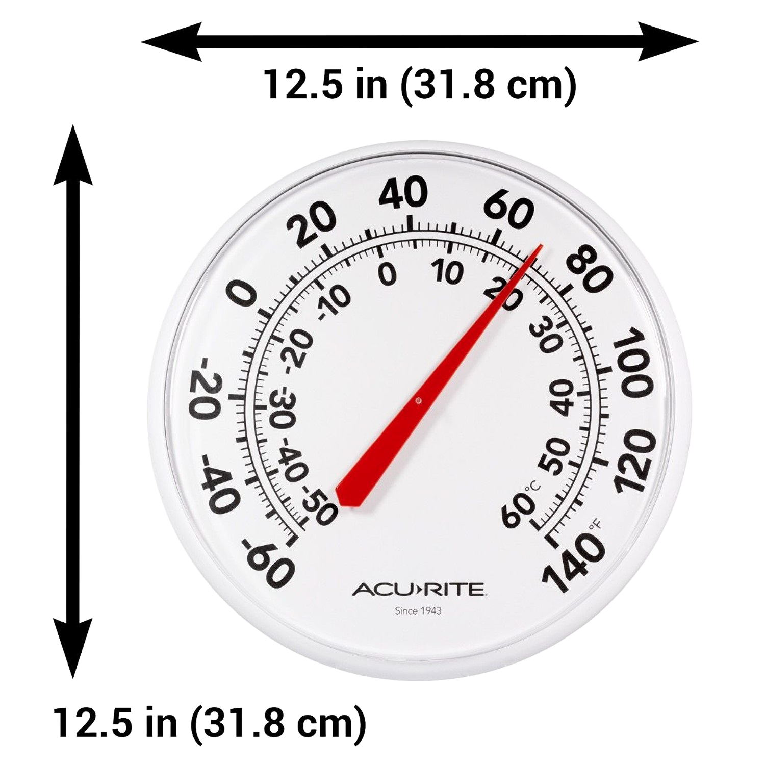 White outdoor thermometer with dual Fahrenheit and Celsius scales and red pointer in weather stations and outdoor living collections