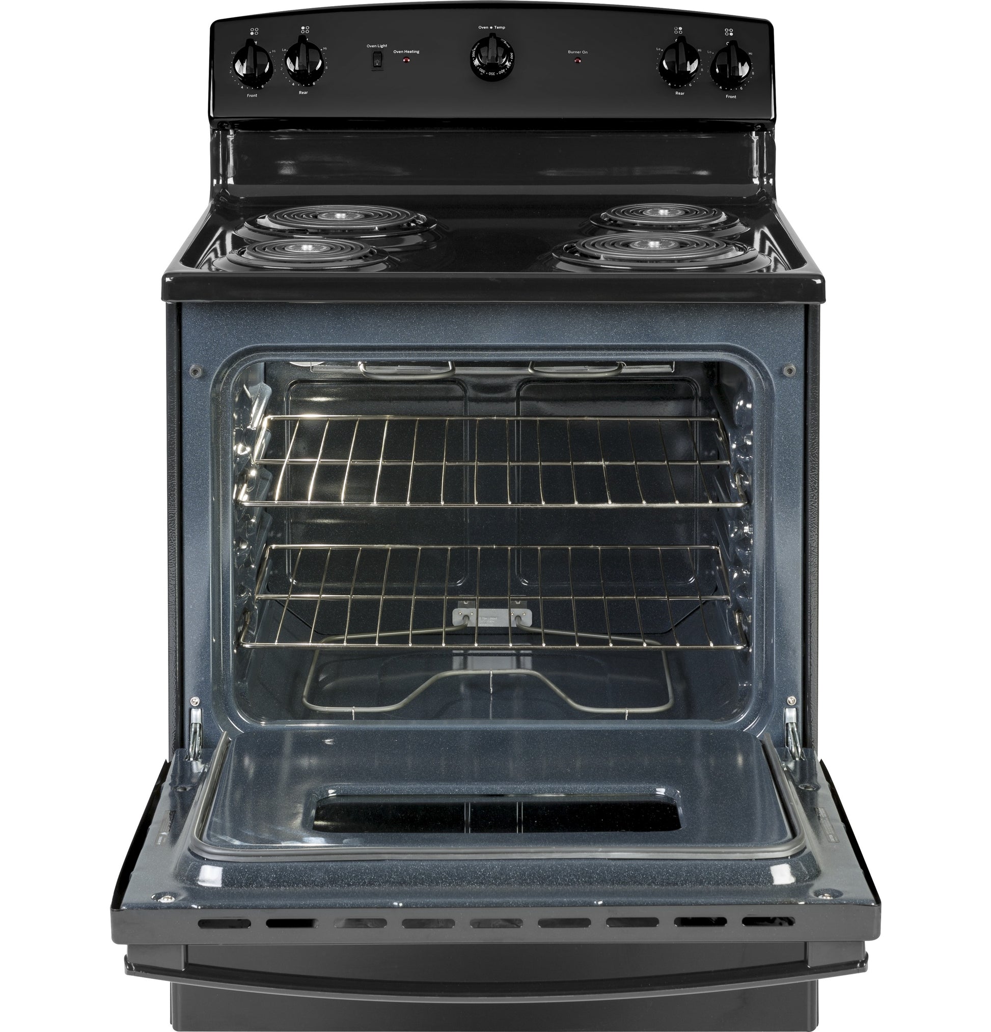Black free-standing electric range with coil burners and open oven door showing two wire racks for kitchen appliances and home improvement