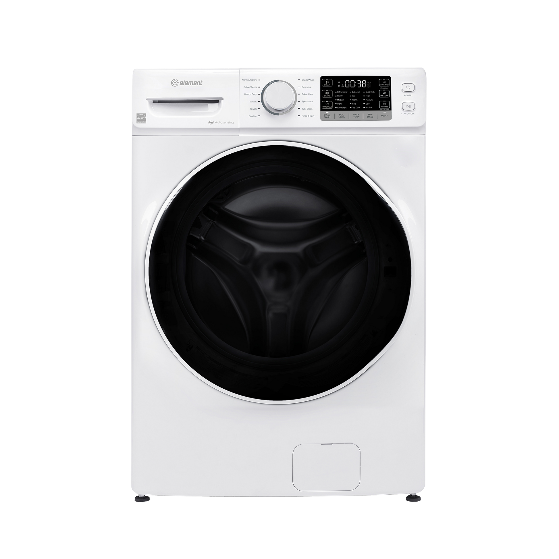 White front load washer with digital display, multiple wash cycles, and large door, part of washers and appliances collection