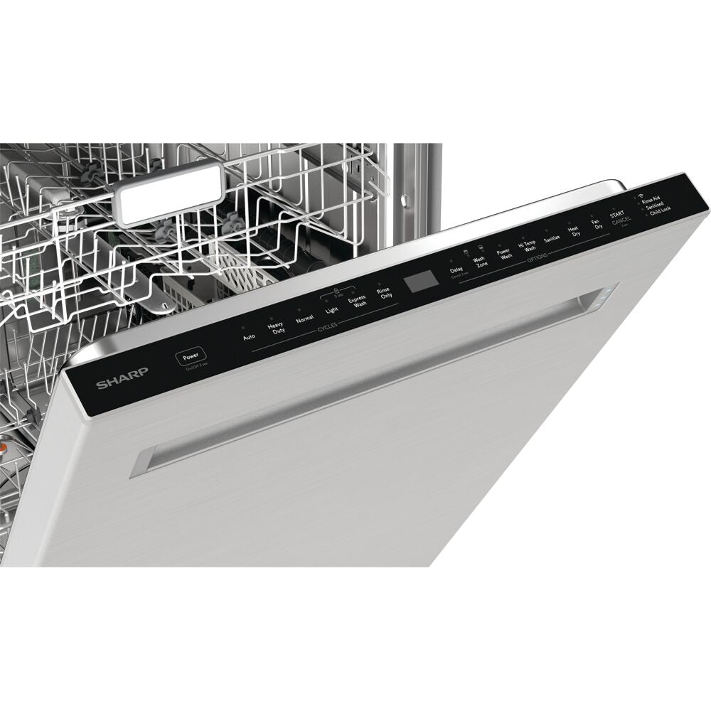 Partial view of stainless steel dishwasher with top control panel and open interior racks in appliances collection