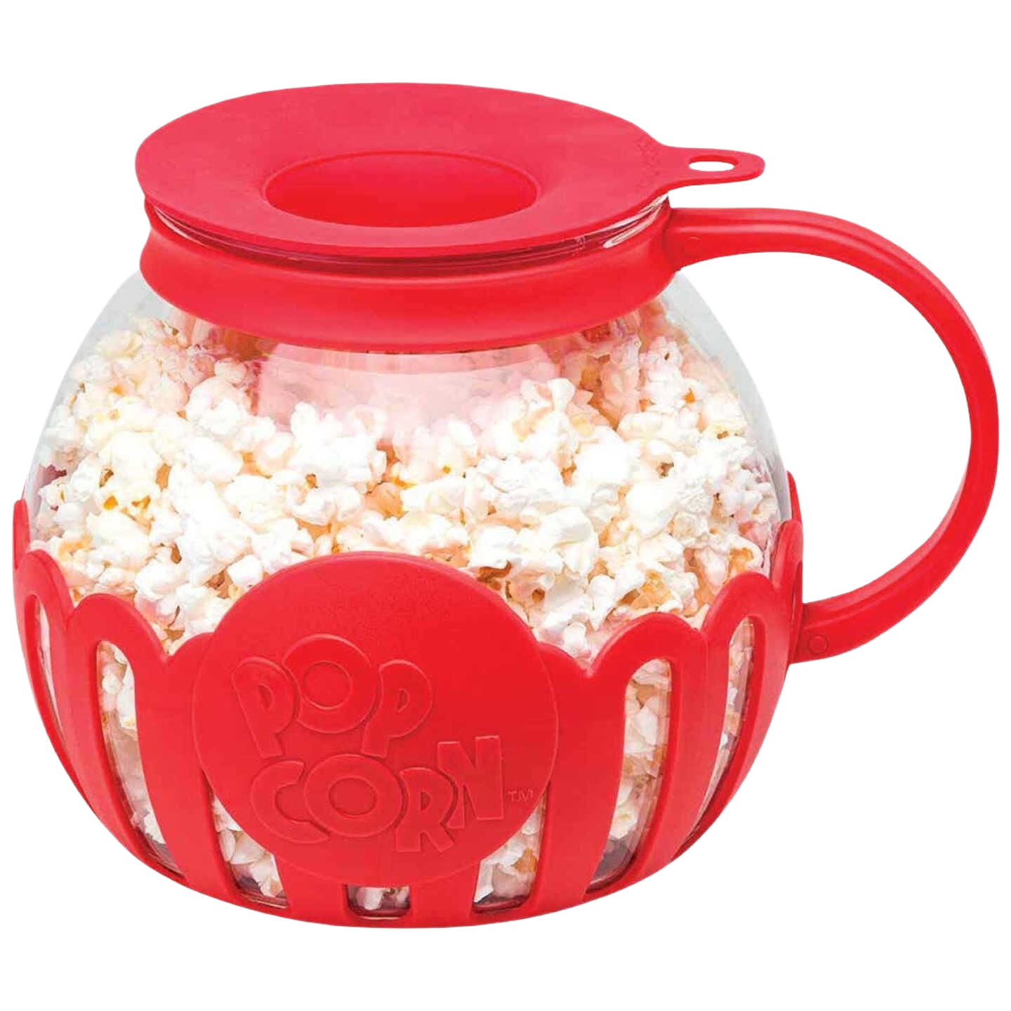 Glass popcorn popper with red silicone lid and handle filled with freshly popped popcorn for home use