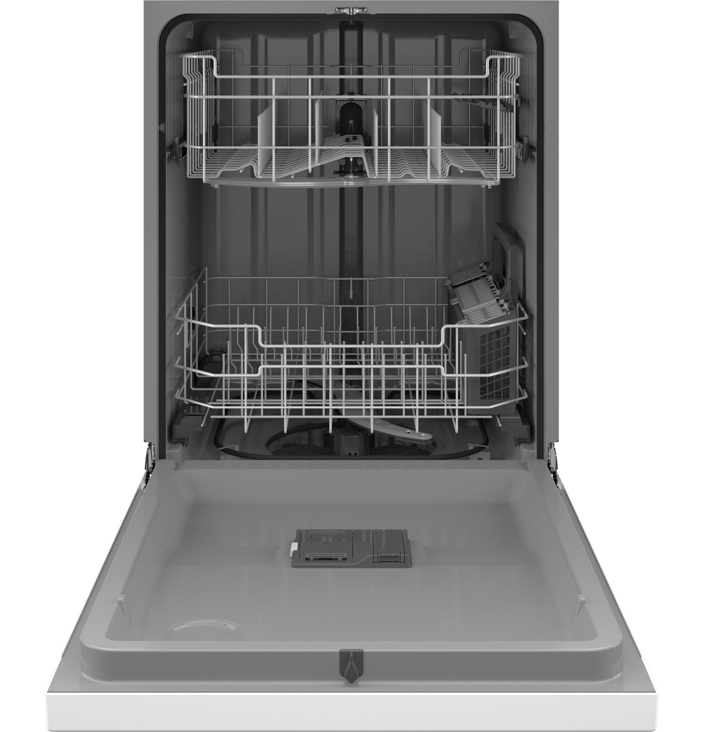 Open front control dishwasher interior showing plastic racks and utensil basket, part of kitchen appliances collection