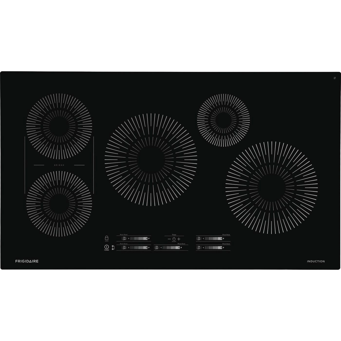 Black glass induction cooktop with five radiant cooking zones and touch control panel for precise heating.