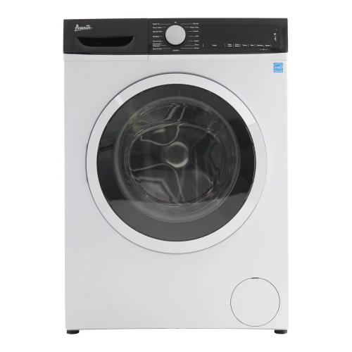 Compact white front load washer with black control panel and circular door for washers and appliances collection