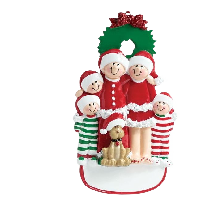 Festive family of five with dog in red and striped pajamas beneath a green wreath for Christmas décor collection